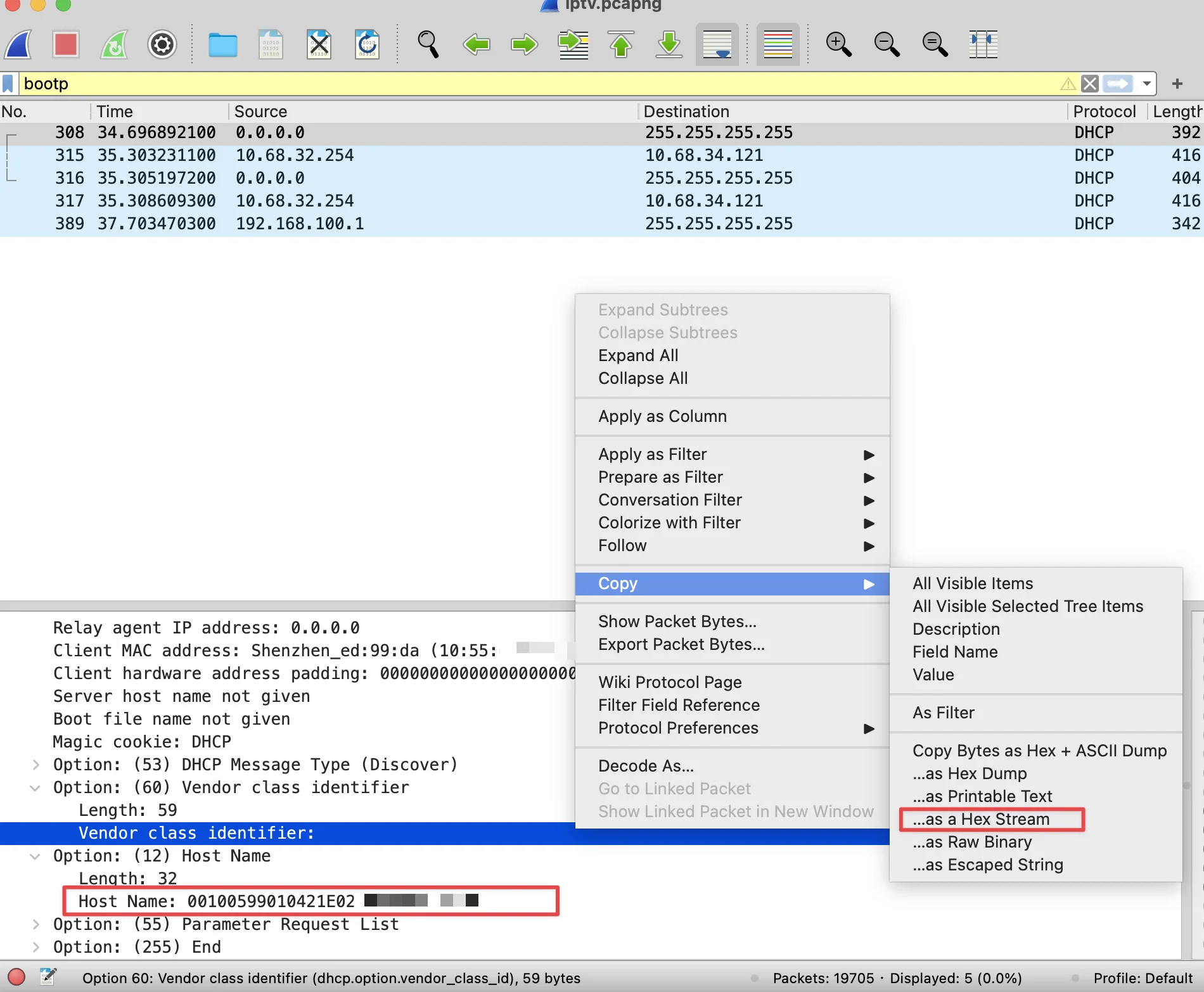 Wireshark 抓包寻找 DHCP Vendor Class Identifier 示例